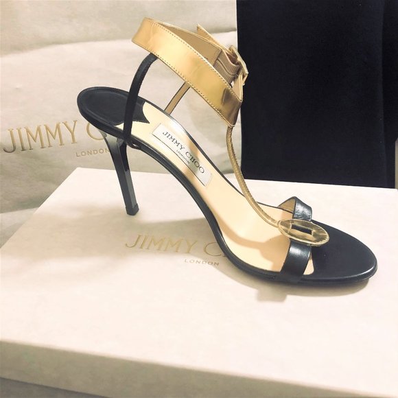 Jimmy Choo Glamorous Black Towering Stilettoes with Gold Straps Size 9.5 - Picture 3 of 8